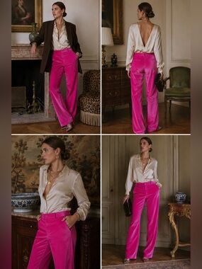 Cinq à Sept Pink Satin Wide Leg Pants Womens 14 High Rise Barbiecore 34 Inseam